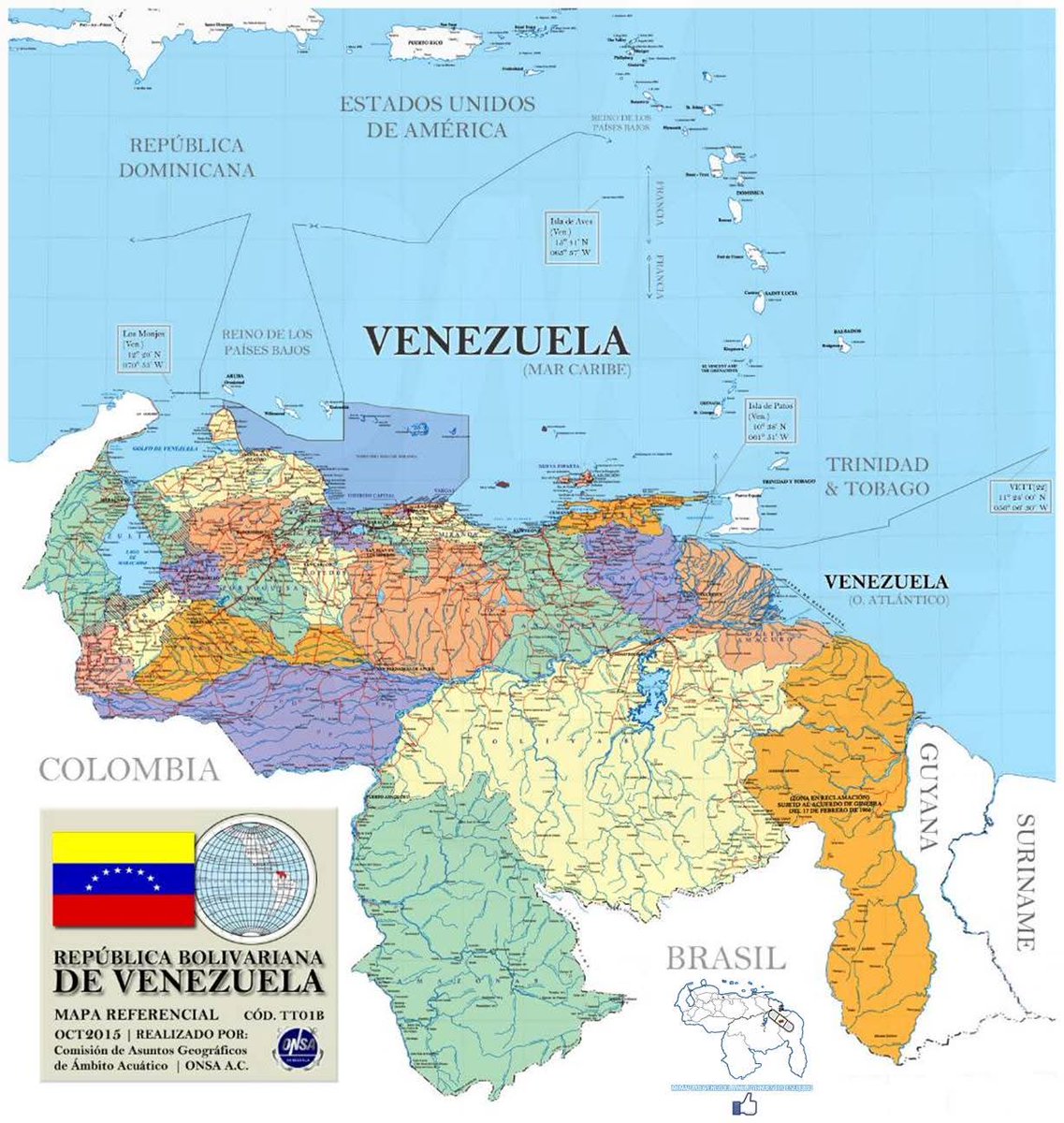 Comparte el Mapa de la República Bolivariana de Venezuela con la inclusión de la palabra "Venezuela" en nuestras aguas del Océano Atlántico - Se parte de la recuperación del Esequibo, Únete a Mi Mapa de Venezuela incluye nuestro Esequibo - Cortesía: <a href="/onsavenezuela/">ONSA Venezuela</a>