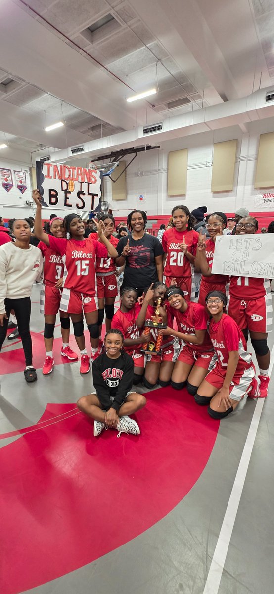 Coach_SHill31's tweet photo. I'm a little late (last Thurs), but super proud of my girls for being the Division 1 District Champs. They never gave up, came from being down 9pts, and won by 3. #BiloxiJHLadyIndians #MySquad https://t.co/owGWNrZk7C