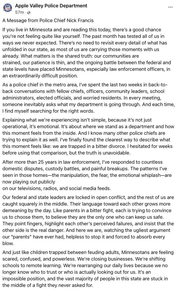 mbrodkorb's tweet photo. NEW: A powerful statement from Nick Francis @AppleValleyPD Police Chief.  Read via Facebook -> https://t.co/wjCPGelgmM https://t.co/zpIhpeGmh1