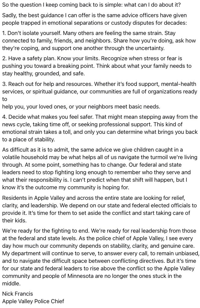 NEW: A powerful statement from Nick Francis <a href="/AppleValleyPD/">Apple Valley Police</a> Police Chief.  Read via Facebook -> mbrdkrb.com/4r0auiP