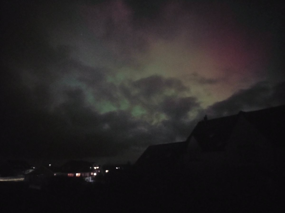 The skies above my wee hoose have gone crazy! No fancy camera needed. You can see the lights with your naked eye. The Merry Maidens are having a real humdinger of a party.....

(apologies for quality of image, my phone is broken)