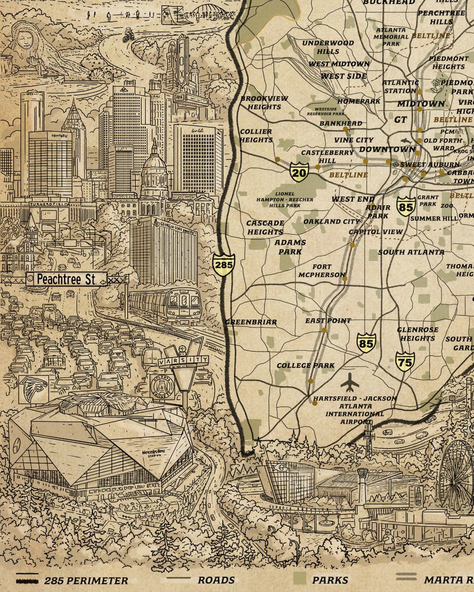 AskMighty's tweet image. The finale of our Edward Rowan series: Atlanta! 🏙️🍑

From the 285 Perimeter to the Beltline, this print captures the energy of the A in incredible detail. A perfect end to a great showcase of prints.

#Atlanta #ATL #CityMap #PosterArt #2026