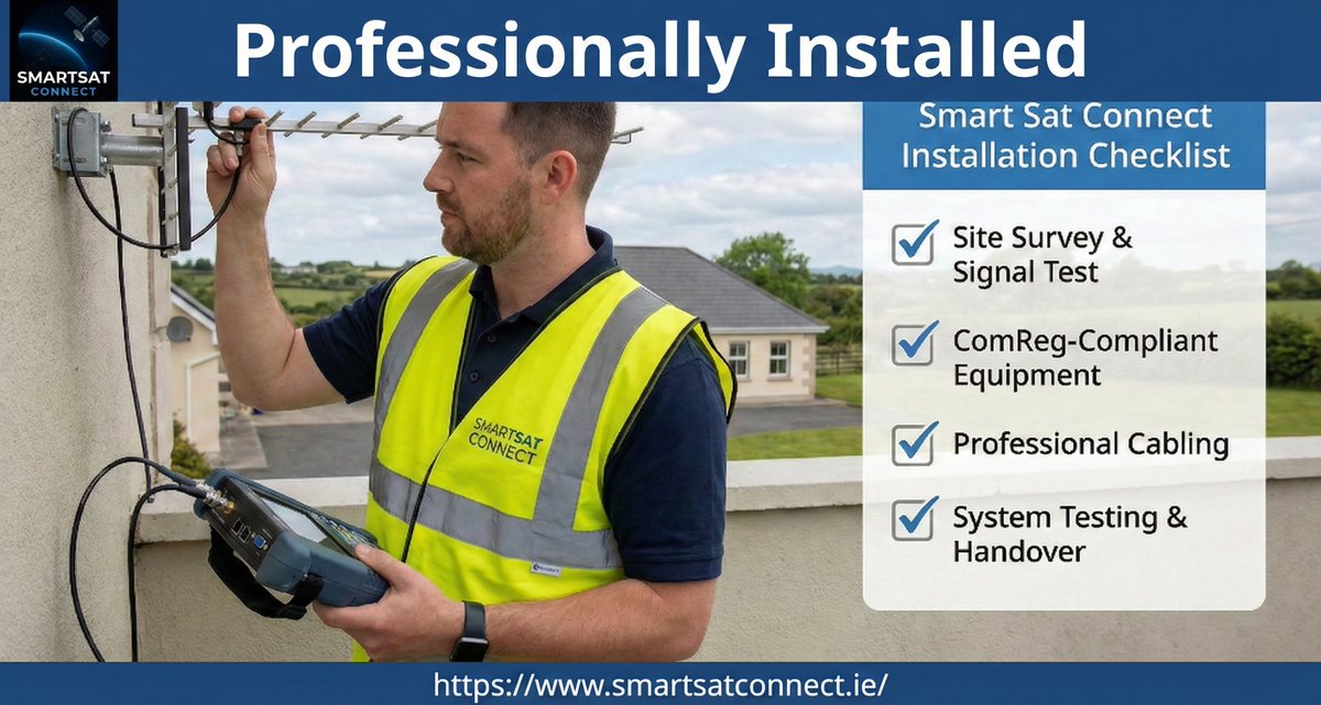 Smartsatconnec's tweet image. At Smart Sat Connect, we only install ComReg-compliant systems. 🛠️ Site Survey: We map your signal strength inside and out. 🛠️ System Design: We choose the right amplifier for your building size. 

💻 smartsatconnect.ie

#TechTips #MobileSignal #ComReg