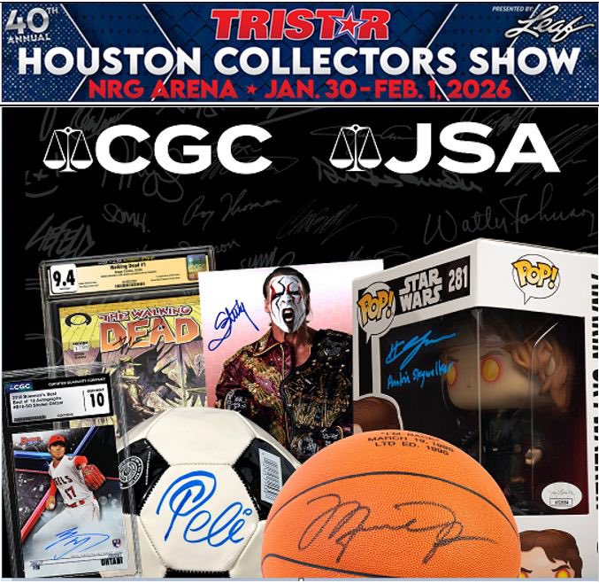 TRISTAR1's tweet photo. π¦ 40th Annual Houston #TRISTARShow Exhibitor Spotlight
CGC and JSA will be at the show offering authentication services and accepting submissions for grading. Fill out and print the online submission form ahead of the event: https://t.co/71eGEwIOBk
Visit https://t.co/jgntLSMo3V for regular submission pricing.
Cards, comics and magazines may be submitted for CGC grading. For CGC services visit https://t.co/yWIWzNtNsT
Trusted by major auction houses, dealers and collectors, collectibles backed by CGC and JSA enhances the value and marketability of the item.
Please note that cash is not accepted as payment for CGC and JSA services at this event.