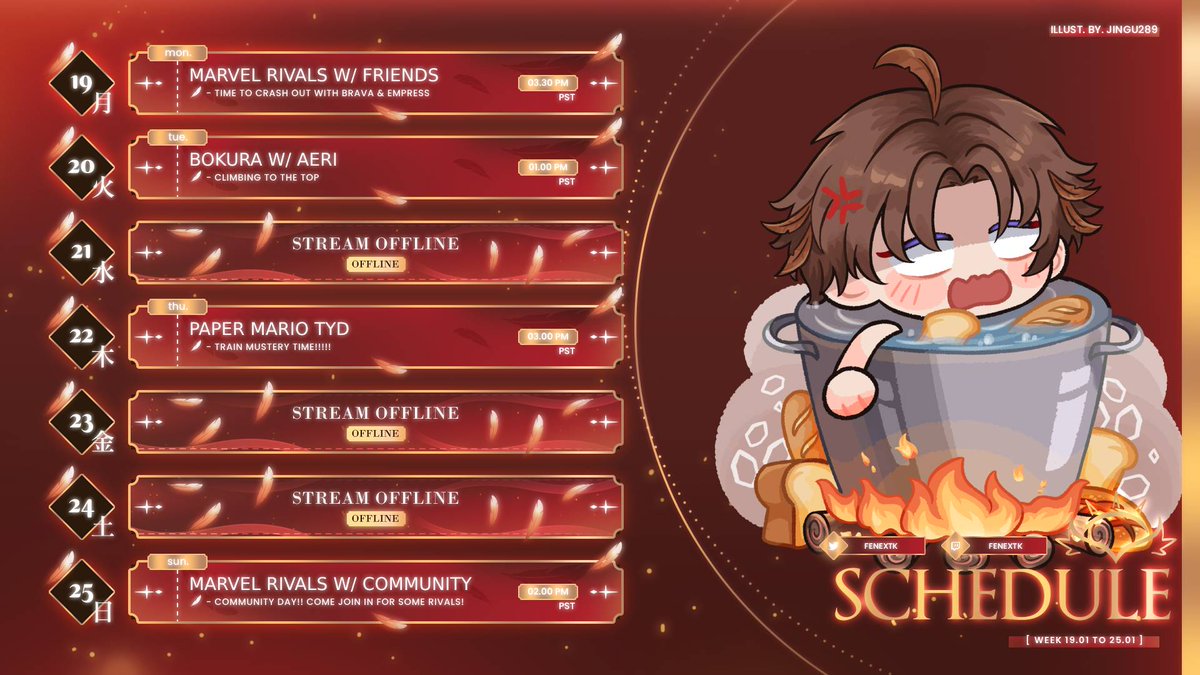 Schedule of the Week! 

May or may not have forgotten to post this. Changing up my schedule and expirementing with it. Time to see how it goes. 

🎨: @/jingu289