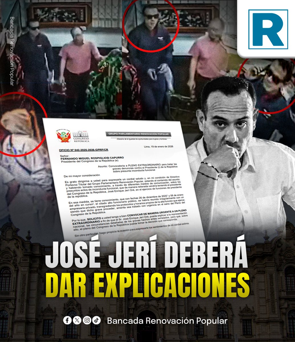 🚨 #URGENTE | Desde la <a href="/bancada_rp/">Bancada Renovación Popular (Oficial)</a> solicitamos al presidente del <a href="/congresoperu/">Congreso del Perú 🇵🇪</a>, un Pleno Extraordinario para que el presidente encargado, José Jerí, dé la cara y responda por los graves cuestionamientos que hoy pesan sobre su gestión. 🇵🇪#RenovaciónPopular