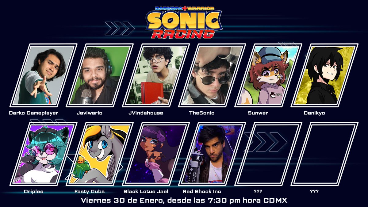 Más participantes confirmados para la Darkopa + Warrior Sonic Racing!!
La streamer <a href="/blacklotusjael4/">🇦🇷 вιαςк ℓσтυѕ נαει //VGEN OPEN COMM⭐⭐⭐</a> y el YouTuber <a href="/RedShockInc/">🐨 Mr Red Shock! 🎮</a>!!

Evento el 30 de Enero 👀