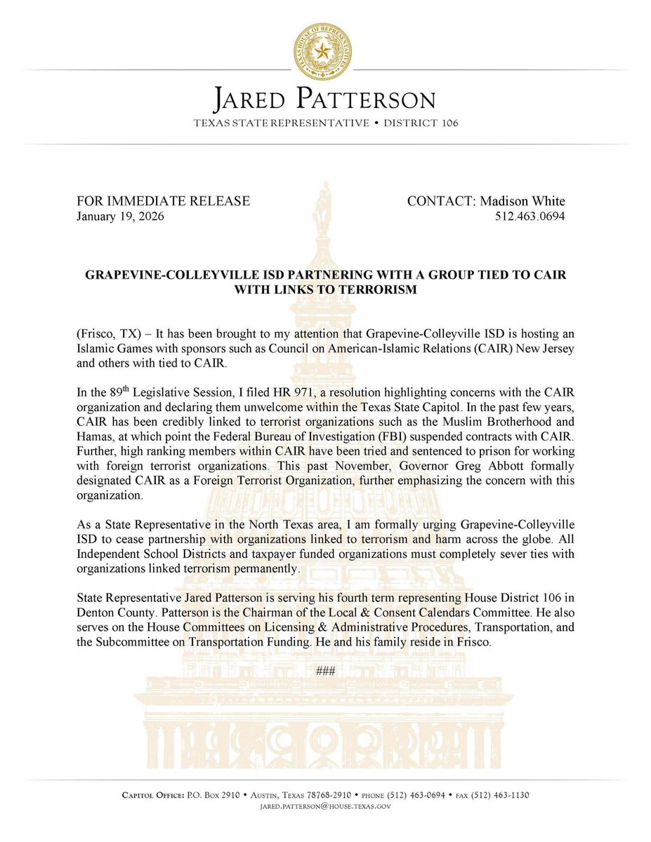 Office of State Representative Jared Patterson tweet media
