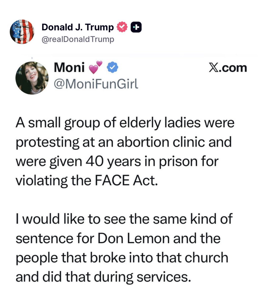 EricLDaugh's tweet photo. 🚨 BREAKING: President Trump just posted that Don Lemon and the leftist rioters should get YEARS IN PRISON for storming the Minneapolis church

🔥🔥

"A small group of elderly ladies were protesting at an abortion clinic and were given 40 years in prison for violating the FACE Act."

"I would like to see the same kind of sentence for Don Lemon and the people that broke into that church and did that during services."

SPOT-ON!