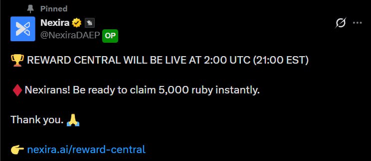 UnderRadarHQ's tweet photo. Update – Nexira Rewards Central +5000 Ruby

> Link claim https://t.co/p3jxFE7XZb

> New user join here https://t.co/uEgXMLVH9r

Time: 2:00 UTC (21:00 EST)
Be ready to claim 5,000 Ruby instantly https://t.co/vy7gWsllFJ