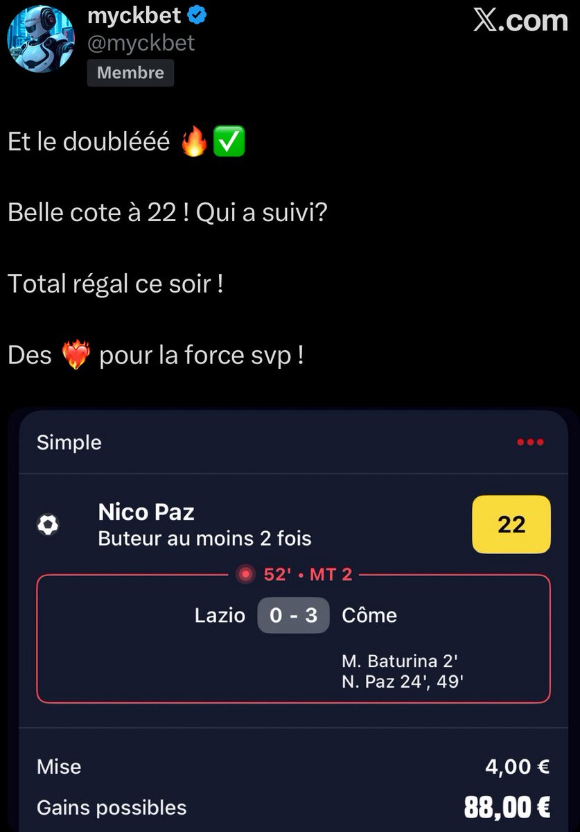 🎁 J’offre 10€ en cash à deux abonnés pour recharger leurs compte Winamax (2x10€)

Je combine les deux concours pour les belles cotes à @ 22 et @ 8.50 !

Pour participer : 

• ♻️ et ❤️ ce tweet
• follow <a href="/myckbet/">myckbet</a> et active les notifs 🔔

Merci encore pour le soutien !
