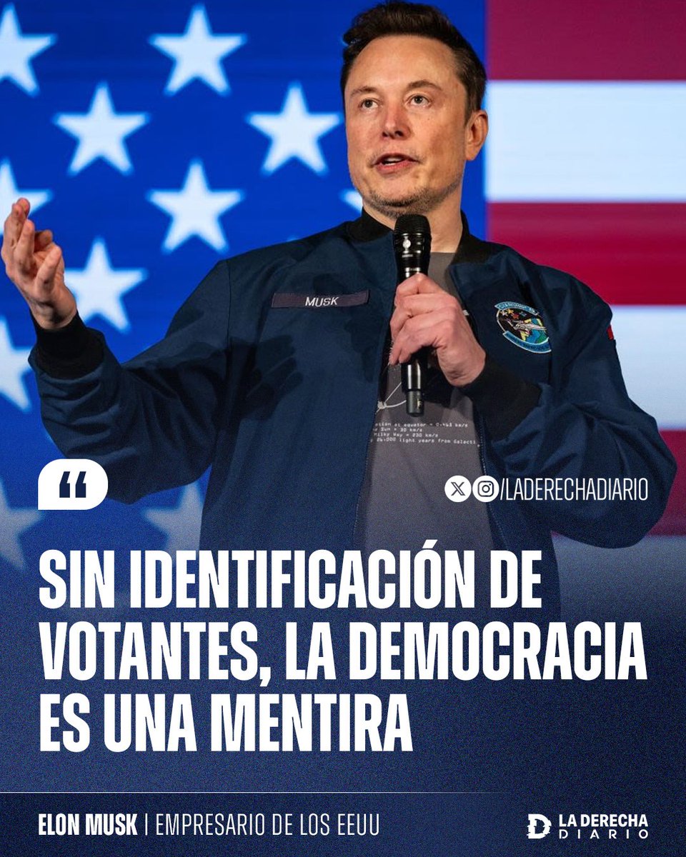 🚨🇺🇸 | "Sin identificación de votantes, la democracia es una mentira": Elon Musk apoyó la exigencia de Trump para implementar la obligatoriedad de presentar documento de identificación en las votaciones a nivel federal.