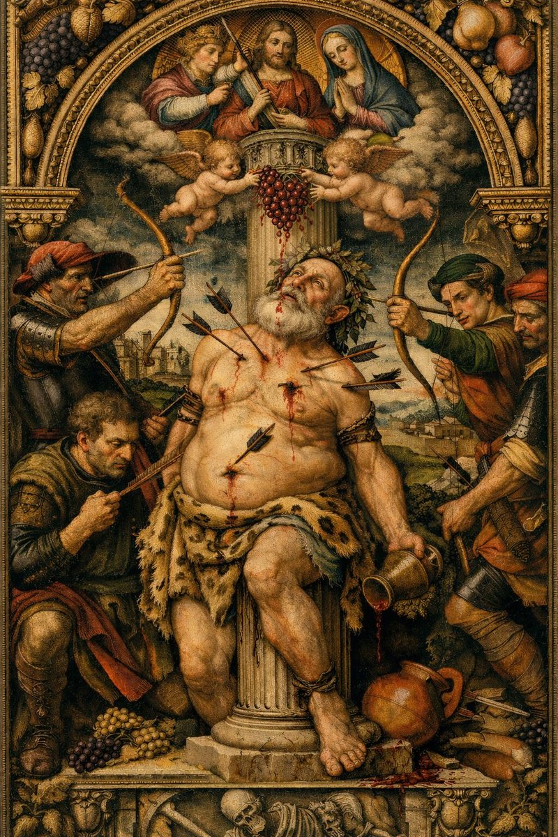 EveryNot1's tweet image. Old Silenus being martyred like saint Sebastian.