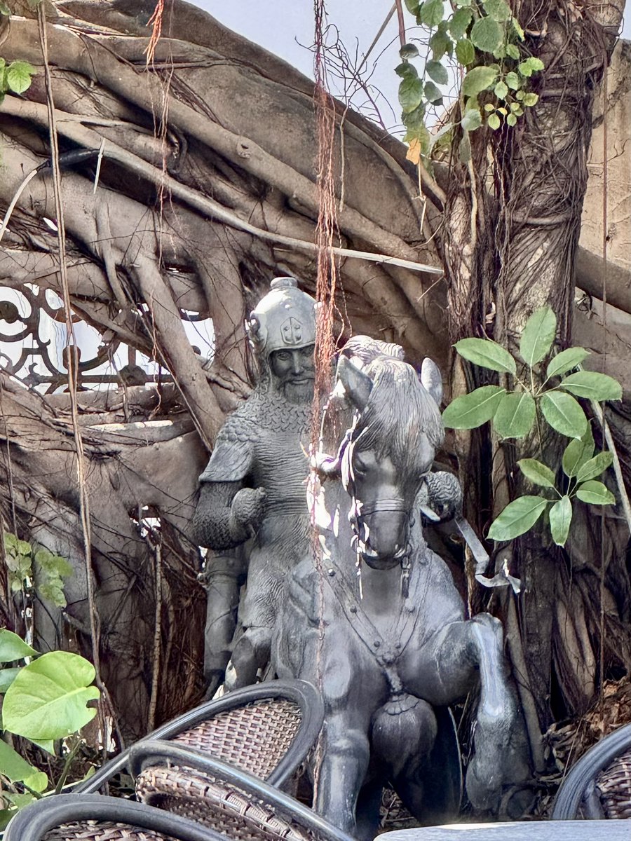 Nunca antes había notado la escultura del caballero medieval en uno de mis cafés favoritos. Fue un día frío el que me impulsó a sentarme bajo el baniano y verlo.
Me pregunté qué hacía un caballero medieval en ese rincón del trópico.
Entonces noté algo.
Su mirada, fija en mi mesa,
