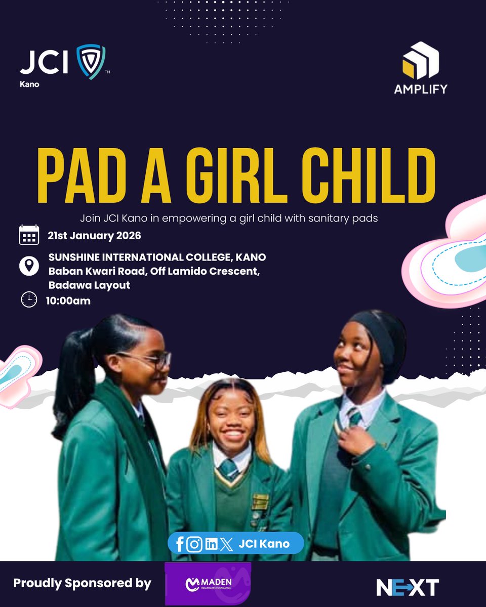 jci__kano's tweet photo. 🌸✨ JCI Kano Pad A Girl Project✨🌸  

📅 Date: 21st January 2026  
📍 Venue: Sunshine International School, Kano (Baban Kwari Road, off Lamido Crescent, Badawa Layout)  
⏰ Time: 10:00 AM  

#PadAGirl 
#EmpowerHer
#MenstrualHealth
#GirlsEducation
#JCIKano https://t.co/gdPbW0c9p2