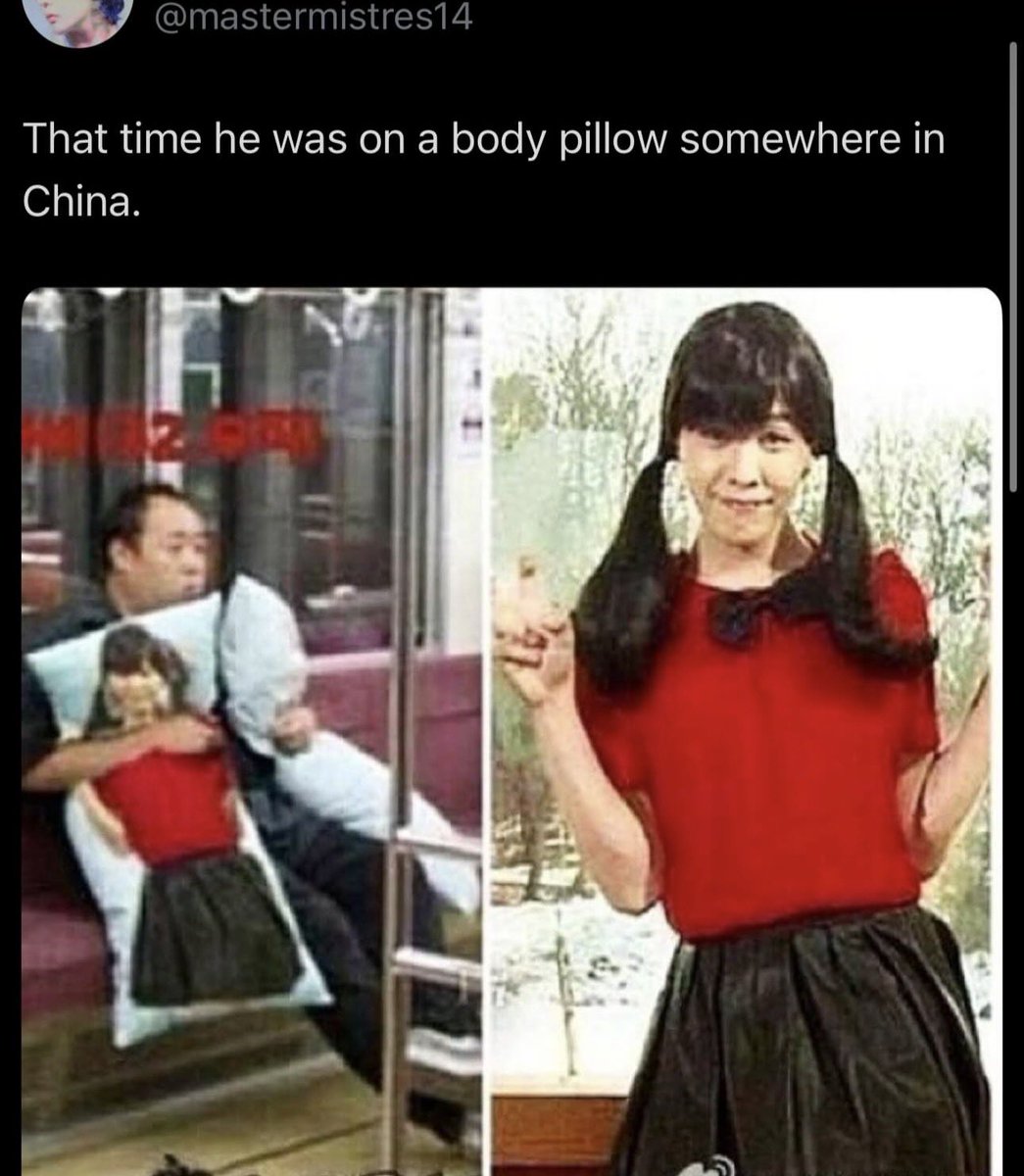 jiyongvamp's tweet image. sometimes i remember that this happened and i crack the hell up

the concept of some random man carrying around a crossdressing Gdragon body pillow