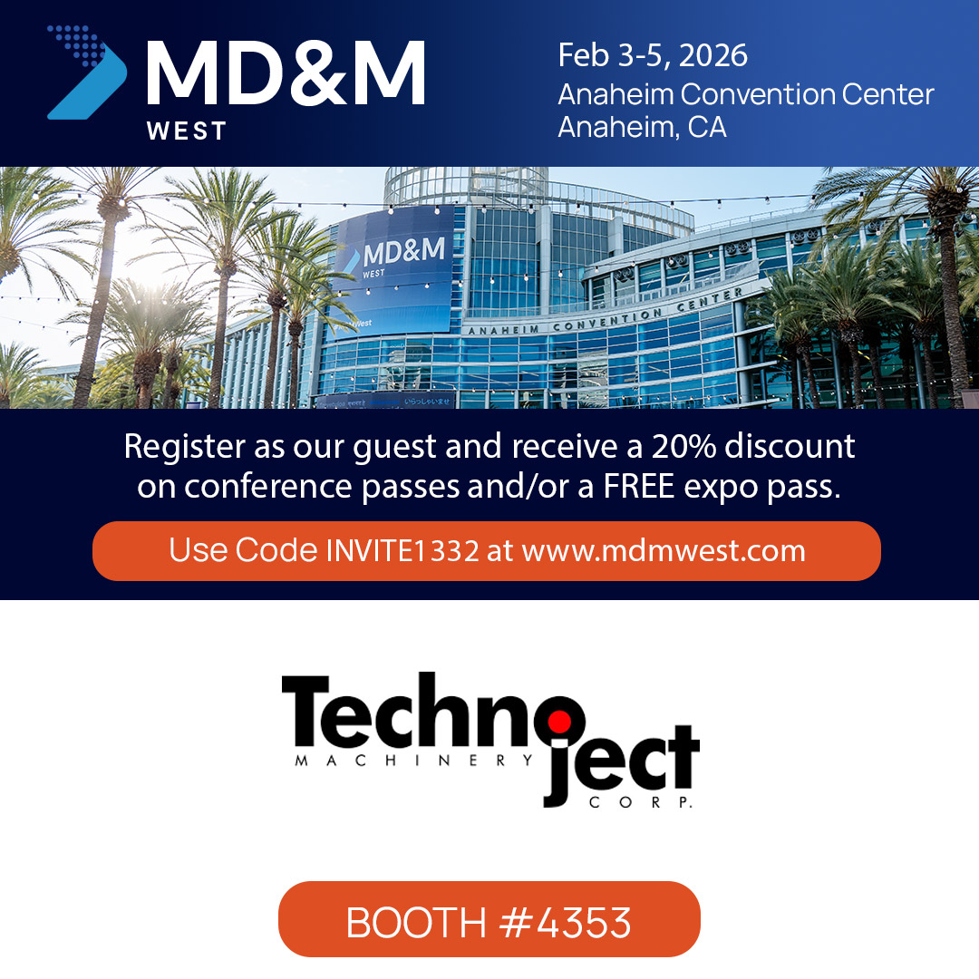 _Technoject_'s tweet photo. Visit us at the MD&amp;M 2026 Show in Anaheim! Technoject will be exhibiting at the MD&amp;M show in Anaheim in California at booth #4353. The show will be on from February 3rd - 5th 2026. Use the code 332 during registration for a free expo pass! #mdmwest #mdmwest2026 @MDM_Tradeshows https://t.co/CWUQ3dt5ID