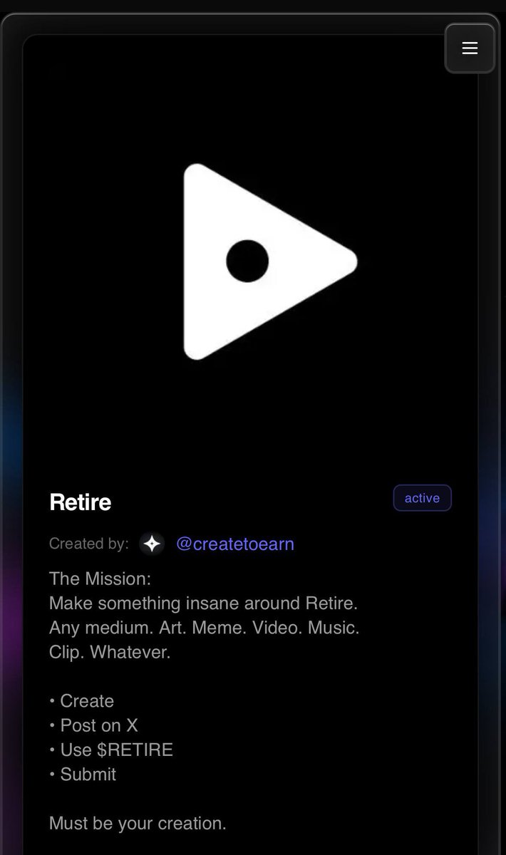 New create to earn challenge from $retire

Create any type of content, in any medium, about $retire

And earn $sol rewards

Looking forward to seeing all the submissions

Now’s a great time to get creative &amp; work for your bags

I’ll leave the link below or check the QRT post🏴▶️