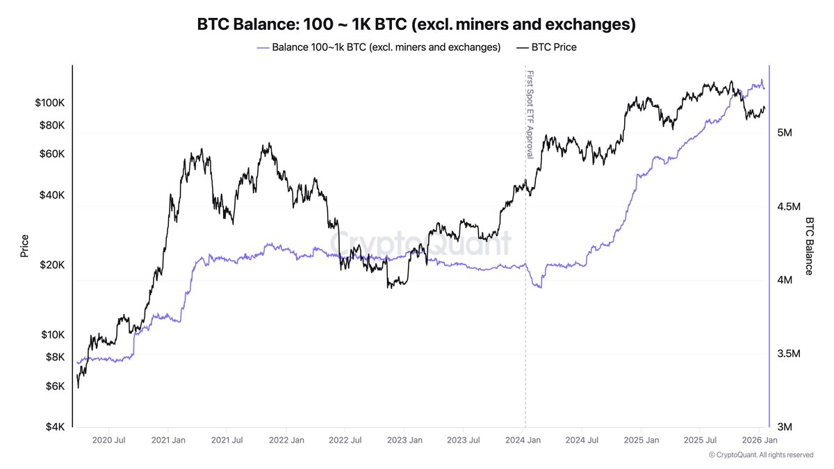 Institutional demand for Bitcoin remains strong. US custody wallets  typically hold 100-1,000 BTC each. Excluding exchanges and miners, this  gives a rough read on institutional demand. ETF holdings included. 577K BTC  ($53B)