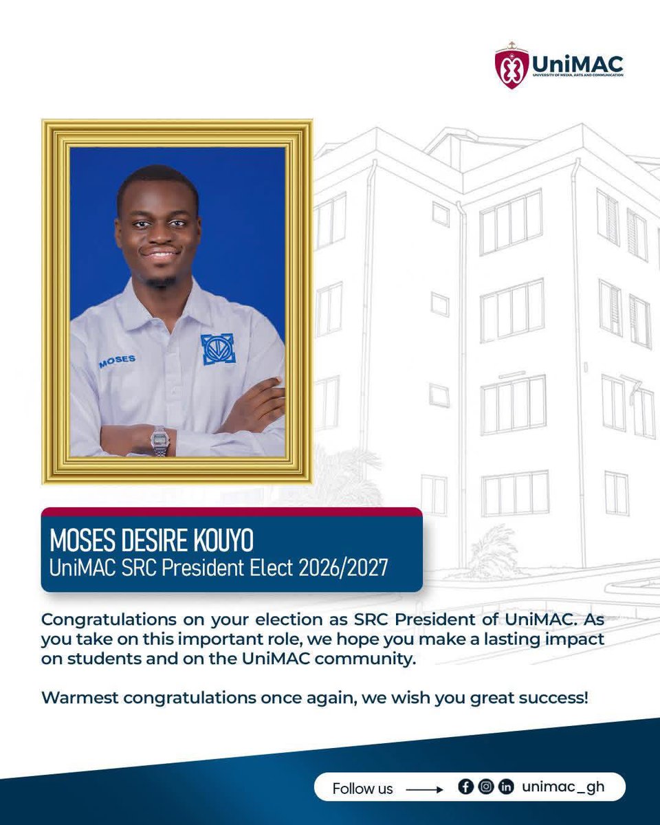 UniMACHQ's tweet image. Congratulations to Moses Desire Kouyo, SRC President-Elect of UniMAC (2026/2027)! 

Your leadership journey begins now, and we are confident you will make a lasting impact on the student body and the entire UniMAC community.
Cheers to a new chapter of leadership!