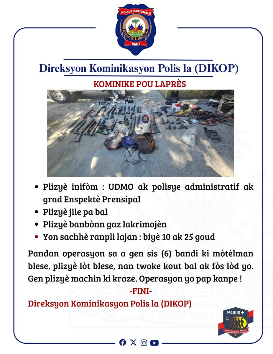 pnh_officiel's tweet image. #PNH, #FADH, Task Force ak #FSG mennen yon operasyon nan Dèlma 2.
6 bandi mòtèlman blese, plizyè zam sezi ak lòt materyèl tankou dwonn, pistolè, AR15, elatriye. Plizyè inifòm lapolis ak jile pa bal rive sezi tou. Operasyon yo pap kanpe !
#P4000 #Sekirite