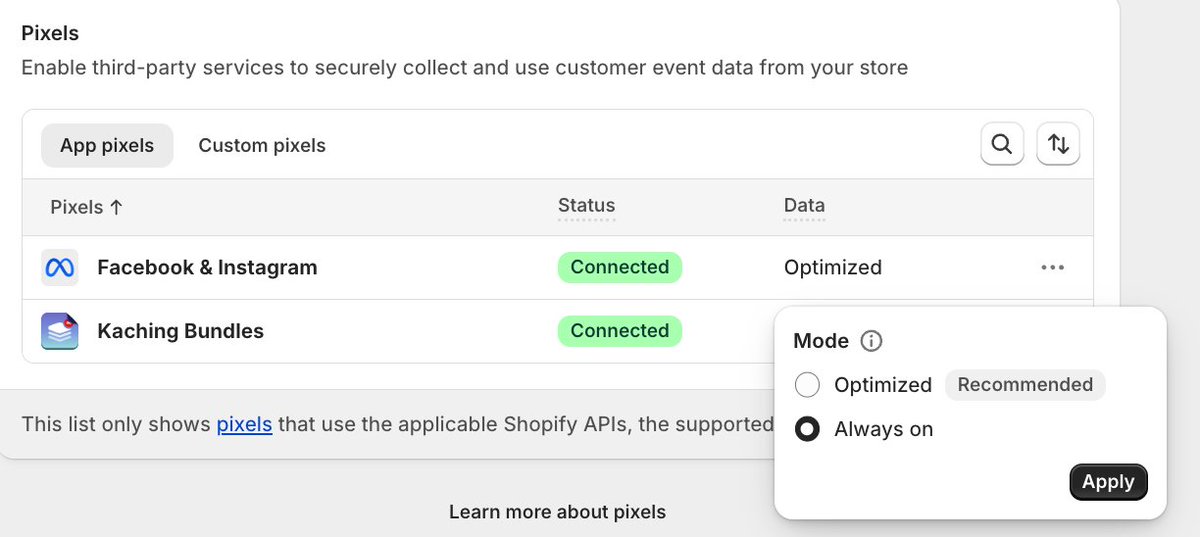 integrixai's tweet image. Shopify has done it again. 

But now it is limiting what your ad platforms get access to. 

YOU MUST CHANGE THIS IMMEDIATELY 

Shopify has now changed your pixel settings to "Optimised". Change this to "Always on" so you can keep sharing information with your ad platforms.