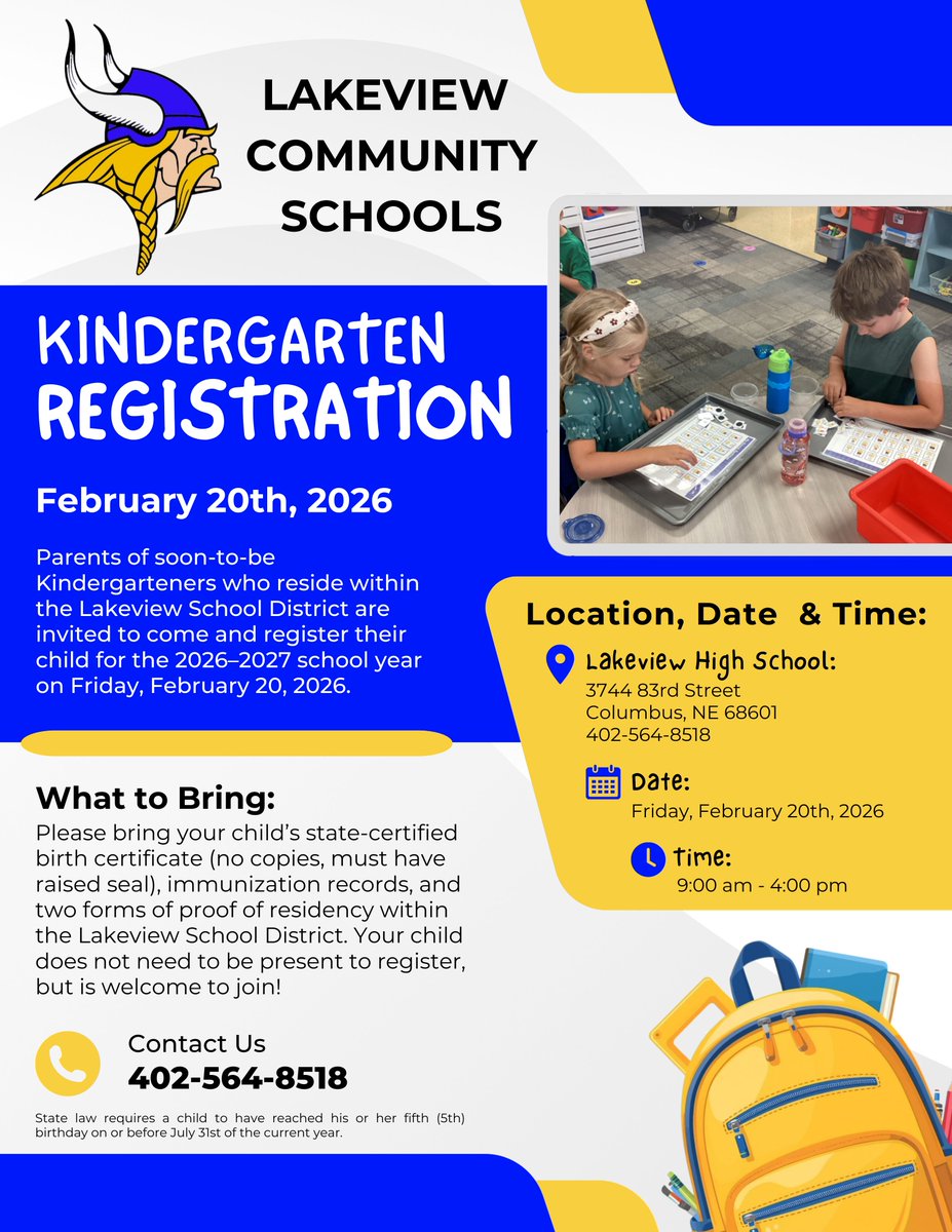 🚌 Parents of soon-to-be Kindergarteners who reside within the Lakeview School District are invited to come and register their child for the 2026–2027 school year on Friday, February 20, 2026 from 9:00 a.m. to 4:00 p.m. 🖍️

#LakeviewVikes
lakeview.esu7.org/post-details/~…