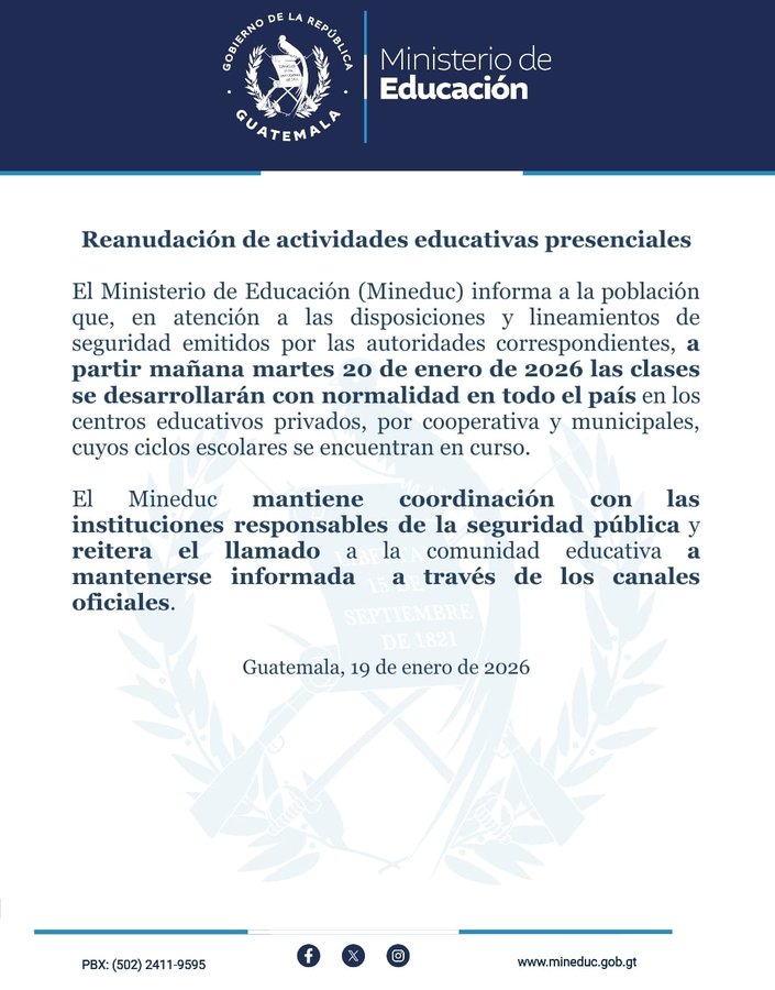 CanalAntigua's tweet image. 🚨Mineduc informa que clases se desarrollarán con normalidad en todo el país mañana martes 20 de enero.

#Reactivación #Clases #Mineduc
