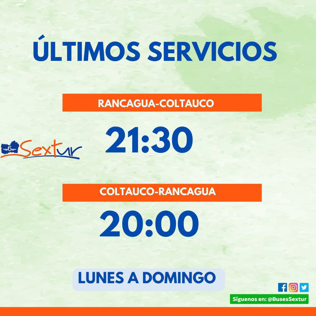 19:00 hrs. Se termina la jornada 🫡

Recuerde que los servicios  funcionan hasta las 21:00 a Lo Miranda y hasta las 21:30 🕚 a Coltauco. 

Buen retorno a casa !! 🏠 🫡

Mañana estamos de regreso a las 7 am.