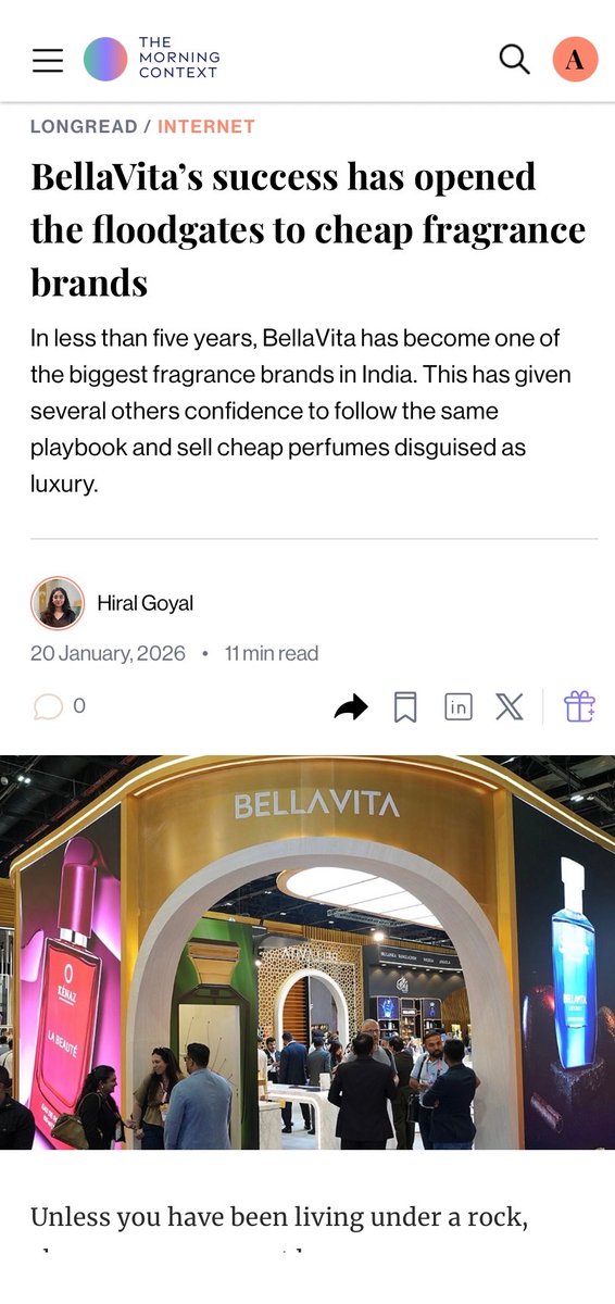 akm1410's tweet photo. BellaVita’s story is nuts. It is one of the most successful perfume brands in India in recent history. It doesn’t make its own perfume, sub contracts it. Is run by a retail family’s family fund.

Priced at roughly Rs 500 for a 100 ml bottle of eau de parfum, it is everywhere. https://t.co/Efx4Fjs3dj