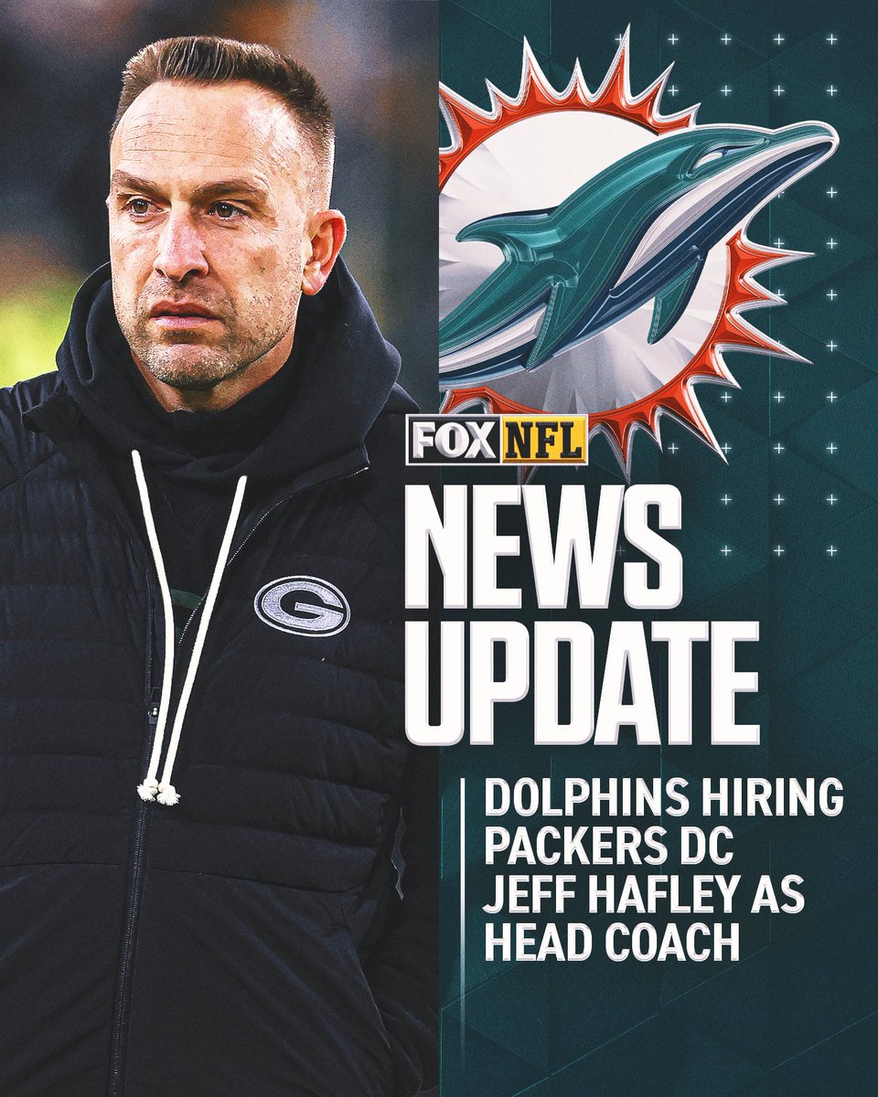 NFLonFOX's tweet image. The #Dolphins are hiring Packers DC Jeff Hafley as their next head coach, per multiple reports