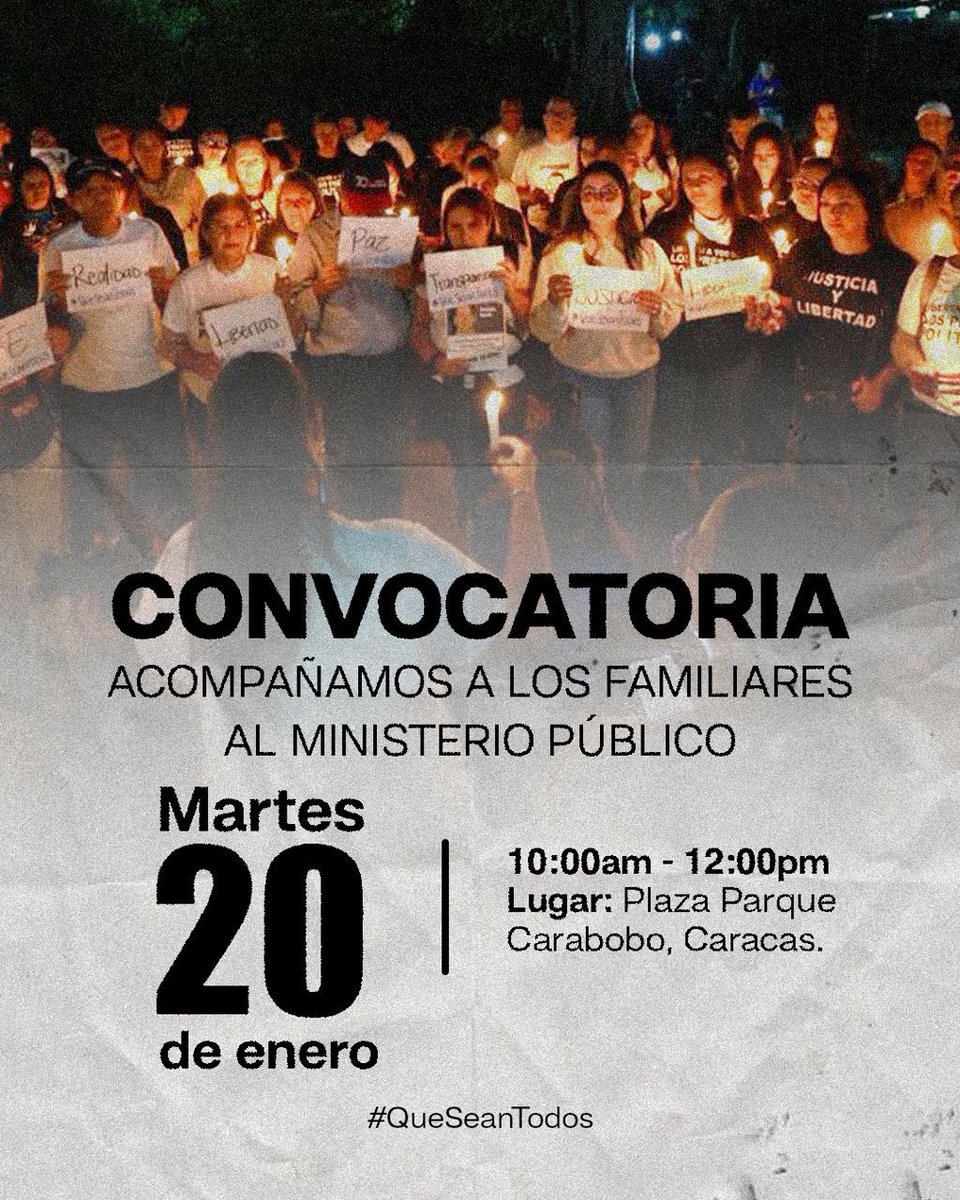 🙏🏻 | Acompañamos a los familiares de todos los presos políticos al Ministerio Público, para exigir la libertad inmediata de sus seres queridos. 

🗓️ Este martes 20 de enero nos congregamos para exigir libertad y justicia.

📍 Plaza Parque Carabobo, Caracas. 
⏰ 10:00 a.m. – 12:00