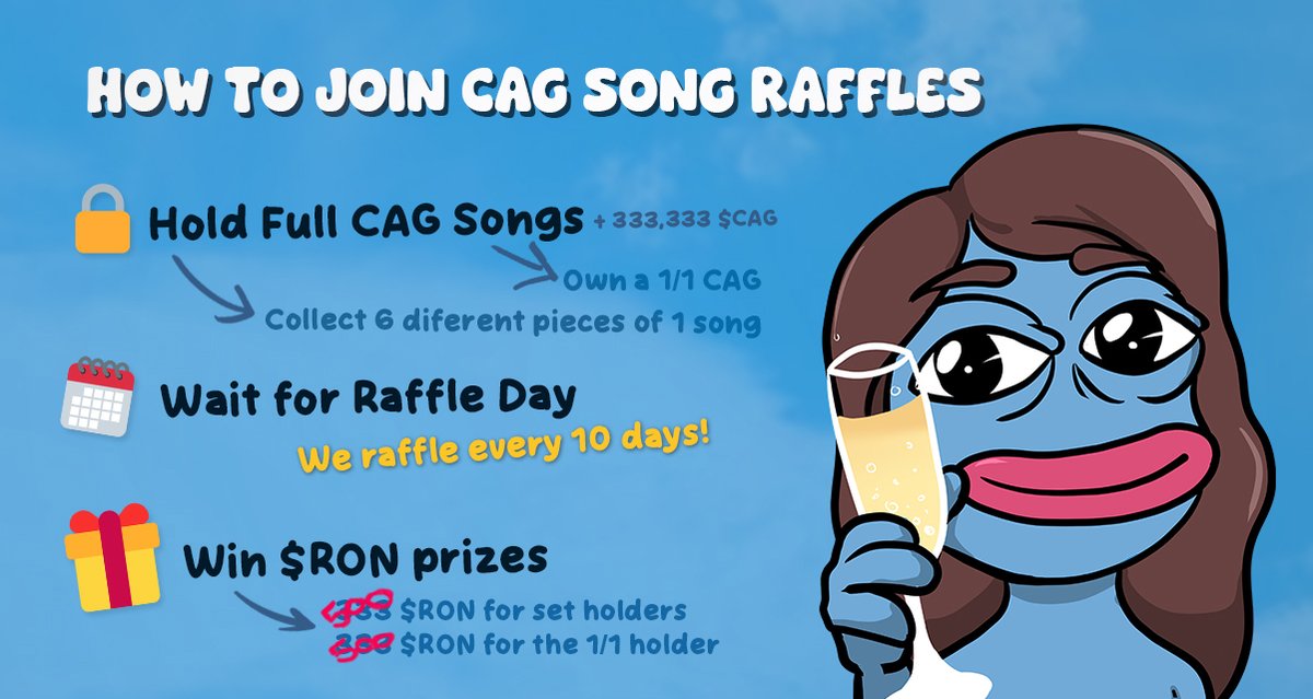🎶 A little luck, a little magic… and the right song ✨
The next Lucky Song draw is getting closer.

🗓 January 20th – 3 PM UTC
🎤 Hosted by <a href="/LadyMufaTV/">ISG LadyMufa.ron | $CAG ⚡</a> 
💬 Live on our Discord server

💰 Prize pool: 1,000 $RON
💎 500 $RON to the 1/1 holder of the winning song
🎵 500 $RON shared