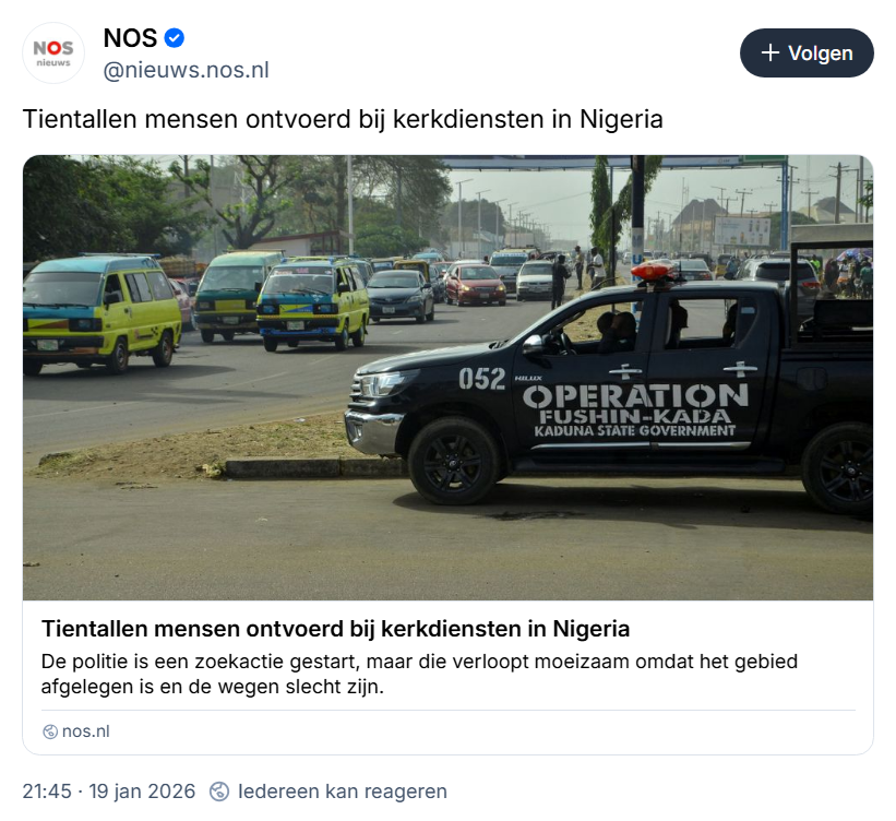 "Tientallen mensen ontvoerd bij kerkdiensten in Nigeria", kopt de NOS. Dat is dezelfde NOS die stelselmatig beweert dat in #Nigeria niet specifiek christenen het doelwit zijn van jihadistisch geweld (in dat geval zou men namelijk de Amerikaanse regering gelijk moeten geven). 1/4