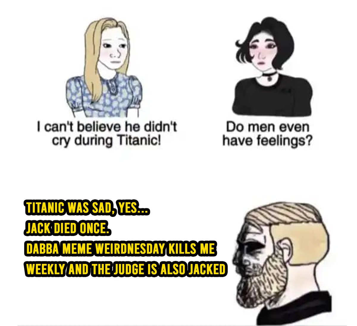 laycondesigns's tweet image. Men do have feelings.
They’re just getting traumatized every Wednesday by 
@DabbaNetwork  😭💀

#Dabba #MemeWeirdnesday #dabbanetwork
