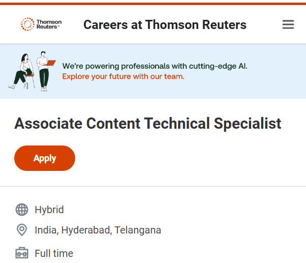 fjafreshers's tweet image. 🚀 Thomson Reuters #HiringFreshers

💼 Associate Content Technical Specialist
🎓 Bachelor’s / Master’s Degree
📍 Hyderabad
👶 0–2 Years

🔗 Apply: tinyurl.com/thomson-reuter…

#ThomsonReuters #FreshersJobs #OffCampus #ITJobs #Jobs2026