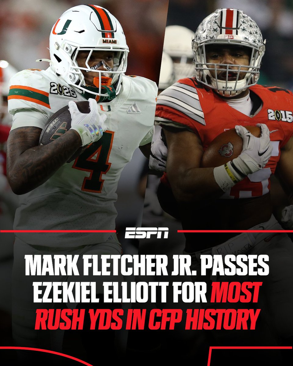 ESPNInsights's tweet image. 478 yards and counting 😲 

With his 57-yard TD, Mark Fletcher Jr. passed Ezekiel Elliott for the most career rushing yards in College Football Playoff history 👏