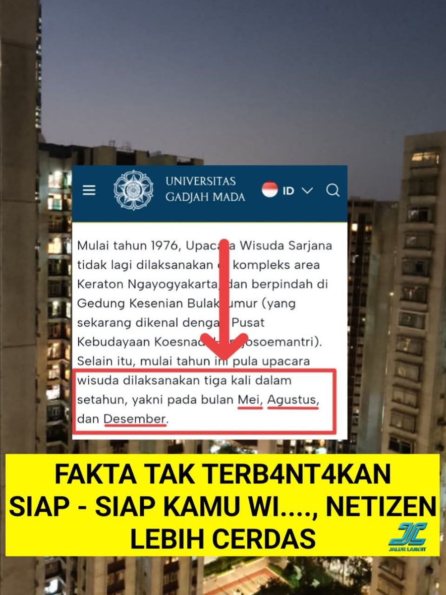 PngAdilnR4kyt's tweet image. FAKTA TAK TERBANTAHKAN, TIDAK ADA ACARA WISUDA UGM DI BULAN NOVEMBER...

MULAI TAHUN 1976 ACARA WISUDA UGM DILAKSANAKAN 3 KALI DALAM SETAHUN, YAKNI BULAN MEI, AGUSTUS DAN DESEMBER....‼️

#DPRDewanPenindasRakyat
#DPRDewanPenindasRakyat
🆘🆗