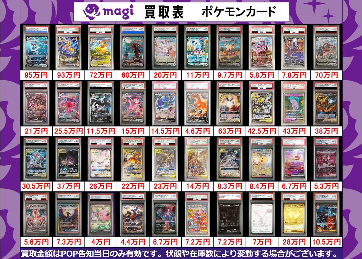 magi_otaroad's tweet photo. 【magi大阪オタロード店　ポケモンカード買取表】

こちら本日有効PSA10買取表になります‼
皆様のお持ち込みお待ちしております‼

平日限定フォロー＆リポストキャンペーンを開催中✨

※買取価格はポスト当日のみとなります。
※在庫数や状態によって買取価格が変わる場合がございます。
※他キャンペーンとの併用は不可となります。