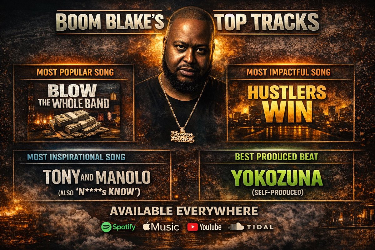 BoomBlake's tweet image. Built different.
Catalog don’t lie.

🔥 Most Popular: Blow The Whole Band
💥 Most Impactful: Hustlers Win
🧠 Most Inspirational: Tony &amp;amp; Manolo
🎹 Best Produced Beat: Yokozuna (self-produced)

Available everywhere.
Tap in. 🎧💰