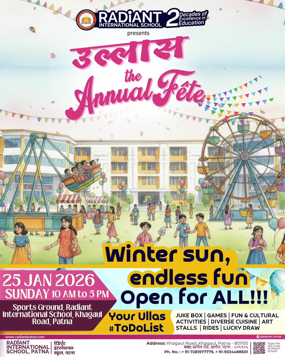 Under the glow of the golden winter sun
Where laughter blooms and memories are spun
A day of joy, a sky so bright,
Join us for Ullas, a festival of happiness!

At Radiant International School
On 25 January 2026
From 10AM to 5PM

#TheSchoolthatCares