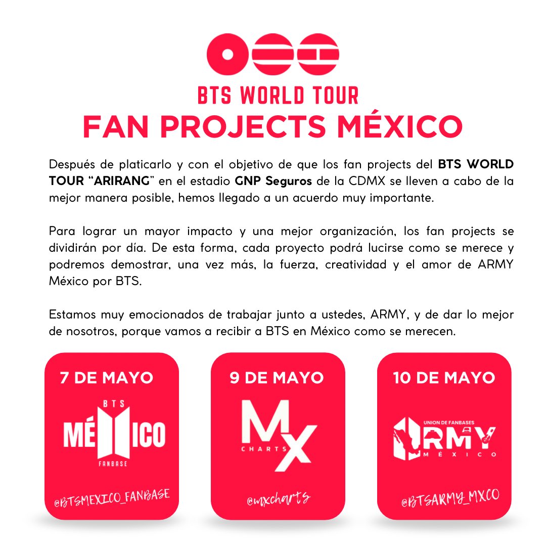 mxcharts's tweet photo. 📢 ACTUALIZACIÓN FAN PROJECTS MÉXICO 🇲🇽 

¡Tenemos buenas noticias ARMY México! 
Llegamos a un acuerdo para trabajar los fan projects en dentro de las fechas del BTS WORLD TOUR ‘ARIRANG’ 🙌

Puedes esperar nuestro proyecto dentro del recinto el día:
🗓️  9 de Mayo 

¿Listos para darlo todo ARMY México? 

🔗 https://t.co/8dosDApCvw

#BTS #방탄소년단 #BTS_ARIRANG 
#BTS_WORLDTOUR_MEXICOCITY #BTS_WORLDTOUR_NA
FAN PROJECTS MÉXICO