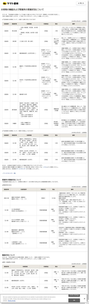 ヤマト運輸] 1/20 12時：鹿児島，神奈川，石川，沖縄，東京 ○ お届け
