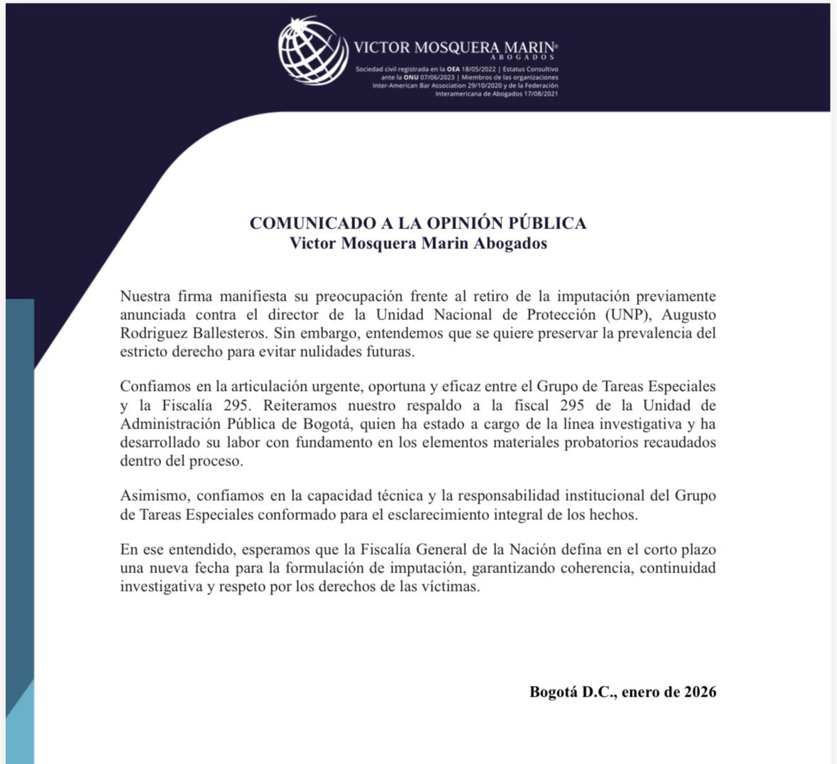 #ATENCIÓN | La firma de abogados Víctor Mosquera (<a href="/VictorMosqueraM/">Victor Mosquera Marin</a>), apoderados de las víctimas del magnicidio de Miguel Uribe Turbay, expresó su preocupación por el retiro de la audiencia de imputación de cargos contra el director de la Unidad Nacional de Protección