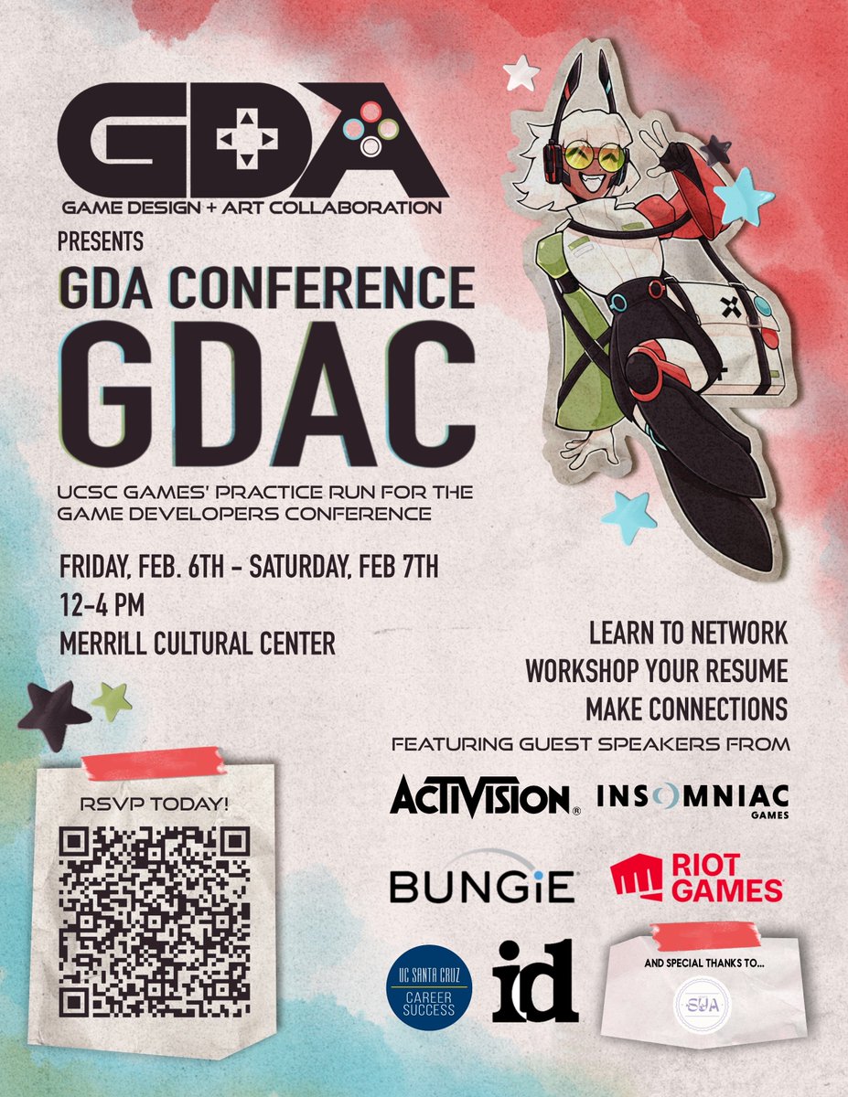 The GDA Conference (GDAC) is back, and YOU'RE invited!🎉

📅FRI. &amp; SAT., FEB. 6TH &amp; 7TH
🕒12-4PM
📍MERRILL CULTURAL CENTER

Join us for guest speakers, workshops, a game showcase, and more!✨

For more details, join our Discord at the bottom of our website!

See you there~ 💖💙💚