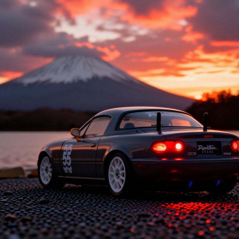jason9394's tweet photo. Ending the day with taillights glowing and nowhere to be except this lakeside 🌋🌅 #Fuji #NARoadster #Mazda #MX5 #TougeDreams #CarCulture #JDMVibes #AI #RC #Tamiya #MChassis #M06 https://t.co/o8o8Ldjbkk