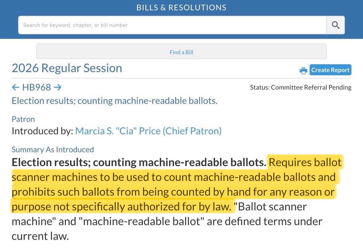 MarioNawfal's tweet image. 🚨🇺🇸 VIRGINIA DEMS' FIRST MOVE WITH NEW MAJORITY: BAN HAND-COUNTING BALLOTS 

Forty-eight hours. That's all it took.

Virginia's new Democratic majority introduced HB968, forcing machine-readable ballots through scanners and prohibiting hand counts "for any reason" unless…