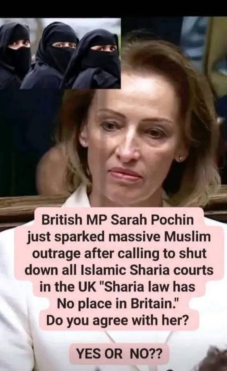 benonwine's tweet image. Do you AGREE with Reform MP Sarah Pochin that SHARIA LAW has NO place in Britain and ALL SHARIA COURTS Should be SHUT DOWN. 🇬🇧 🙏✊👏👍

YES OR NO?