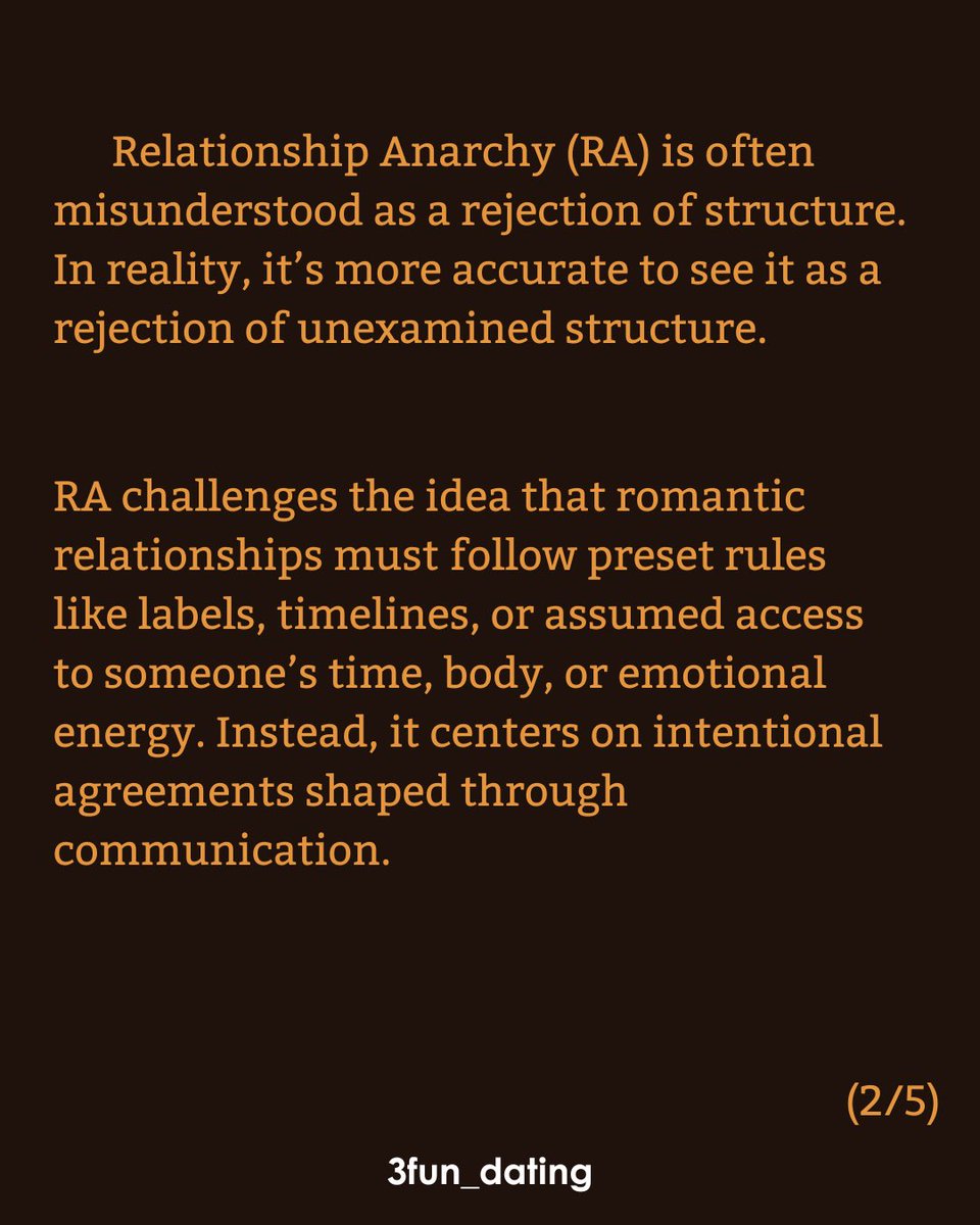 3fun_app's tweet image. Curious about relationship anarchy (RA) — and whether it really means “no rules”? This short piece breaks down what RA actually stands for, why it’s not the same as chaos or irresponsibility, and how it works in real life.

#3fun #polyamory #relationshipanarchy #poly #enm
