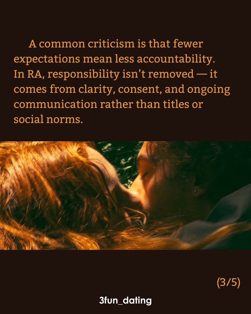 3fun_app's tweet image. Curious about relationship anarchy (RA) — and whether it really means “no rules”? This short piece breaks down what RA actually stands for, why it’s not the same as chaos or irresponsibility, and how it works in real life.

#3fun #polyamory #relationshipanarchy #poly #enm